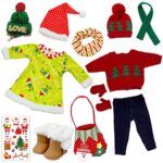 UNICORN ELEMENT 2 Sets Christmas Doll Clothes and Accessories Fit 18 Inch Girl Doll Christmas Santa Costume Including Christmas Dress, Sweater, Hairpin, Hat, Scarf, Boots, etc