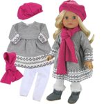 Sophia’s 18″ Doll 4 pc. Fair Isle Gray Knit Dress, White Leggings, Pink Knit Hat, and Matching Pink Scarf