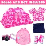 Ecore Fun 6 Pcs 18 Inch Doll Camping Tent Set and Accessories Including 18 Inch Doll Tent, Doll Backpack, Toy Camera and Doll Clothes and Doll Shoes Fits My Life, Generation, Journey 18 Inch Dolls