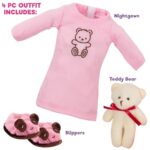 3pc Pink Nightgown Doll Outfit w Teddy Bear- 18″ Doll Clothes & Accessories Compatible w American Girl Dolls- PJ Set Includes Nightgown, Slippers & Teddy Bear Plush- Great Gift for Girls