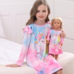 Bow Dream Cute Girls Dress Kids Clothes and Matching American Girl Doll Clothes for Girls Pink Horse Size 140