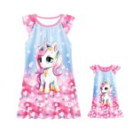 LQSZ Matching Doll and Girls Nightgowns Flowers Unicorn Princess Flutter Short Sleeves Nightie Pajamas for Girls & 18″ Dolls Clothes 7 8t