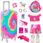 Ecore Fun American 18 Inch Doll Clothes and Accessories, 16 Pcs Girl Doll Clothes and Suitcase Travel Set- Luggage Short Sleeves Skirts Hairband Bag ect (No Dolls)