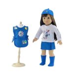 18 Inch Doll Clothes | Daisy Girl Scout-Inspired Outfit, Includes Blue Skirt, LS White T-Shirt with Daisy Print, Blue Tunic with Embroidered Patches, Matching Hat and Socks | Fits American Girl Dolls