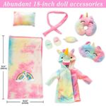 XFEYUE American 18 inch Doll Clothes and Doll Sleeping Bag Set – Rainbow Unicorn Doll Costume with Unicorn Style Sleeping Bag, Pillow, Eye Mask Slumber Party Accessories Fits 18 Inch Doll
