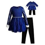 Dollie & Me Girls’ Lace Dress with Faux Fur Cuffs and Leggings with Matching Doll Outfit, Blue, 5