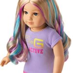 American Girl Truly Me 18-Inch Doll 110 with Light-Blue Eyes, Wavy Blonde Hair with Purple and Blue Highlights, Light Skin with Warm Olive Undertones, Purple Printed T-Shirt Dress