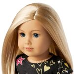 American Girl Truly Me 18-Inch Doll 100 with Dark-Blue Eyes, Layered Straight Blonde Hair, Light-to-Medium Skin with Warm Undertones, Black Printed T-Shirt Dress