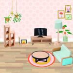 Wooden Dollhouse Furniture Set, 37pcs Furnitures with 5 Family Dolls, Dollhouse Accessories Pretend Play Furniture Toys for Boys Girls & Toddlers 3Y+