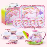 JOYIN Unicorn Tea Party Set for Little Girls, Pretend Pink Tin Teapot Set, Princess Tea Time Play Kitchen Toy with Teapot, Cup, Plate, Carrying Case for Birthday Easter Gift Kids Toddlers Age 3 4 5 6