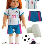 Pink & Teal Soccer Player Outfit with Uniform, Shin Guards, Socks, Soccer Ball, and Shoes | Fits 18″ American Girl Dolls, Madame Alexander, Our Generation, etc. | 18 Inch Doll Clothes