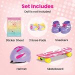 Beverly Hills Doll Collection Skateboard Set with Helmet and Protective Gear Accessories, 7 Piece Skateboard Accessory Set for 18 Inch Dolls, Pink