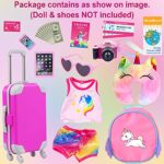 UNICORN ELEMENT 23 Pcs American 18 Inch Girl Doll Accessories Suitcase Travel Set Including Clothes Suitcase Backpack Camera Ipad Cell Phone Neck Pillow Sunglasses and Other Travel Set
