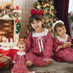 610 YOU Girl Doll Matching Nightgown , Red Plaid Long Sleeve Nightdress Sleepwear 16″-18″ Dolls Clothes for Little Kids (Doll Not Included)