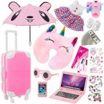 ZQDOLL 18 inch Doll Clothes and Accessories – Doll Travel Suitcase Play Set Including Suitcase Doll Clothes, Shoes, Umbrella, Sunglasses, Camera, Unicorn Pillow, for 18 inch Girl Doll