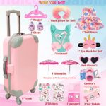 18 inch American Doll Clothes and Accessories – Doll Travel Suitcase Play Set Including Luggage, 2 Sets of Doll Clothes and Shoes, Umbrella Sunglasses Camera Travel Pillow Blindfold Passport Tickets