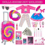 UZIDBTO American 18 Inch Girl Doll Accessories – 18″ Doll Clothes with Travel Suitcase and Pretend Makeup Kit for Kids Includes Luggage, Sunglasses, Phone, Hair Clip and Makeup Set
