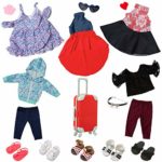 Ecore Fun 17 Pcs American 18 Inch Doll Clothes and Accessories Included 5 Sets Doll Outfits 5 Pairs of Doll Shoes and Doll Travel Luggage Hair Clips Necklace Sunglasses Fit for American Doll