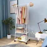 Jecpuo Clothes Rack Small Metal Garment Rack with Shelves for bedroom Rolling clothing rack for Hanging Clothes on Wheels for Hanging Clothes,clothes rack (White)